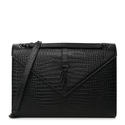 Saint Laurent Calfskin Crocodile Embossed Monogram Large Satchel Black 1 of 16