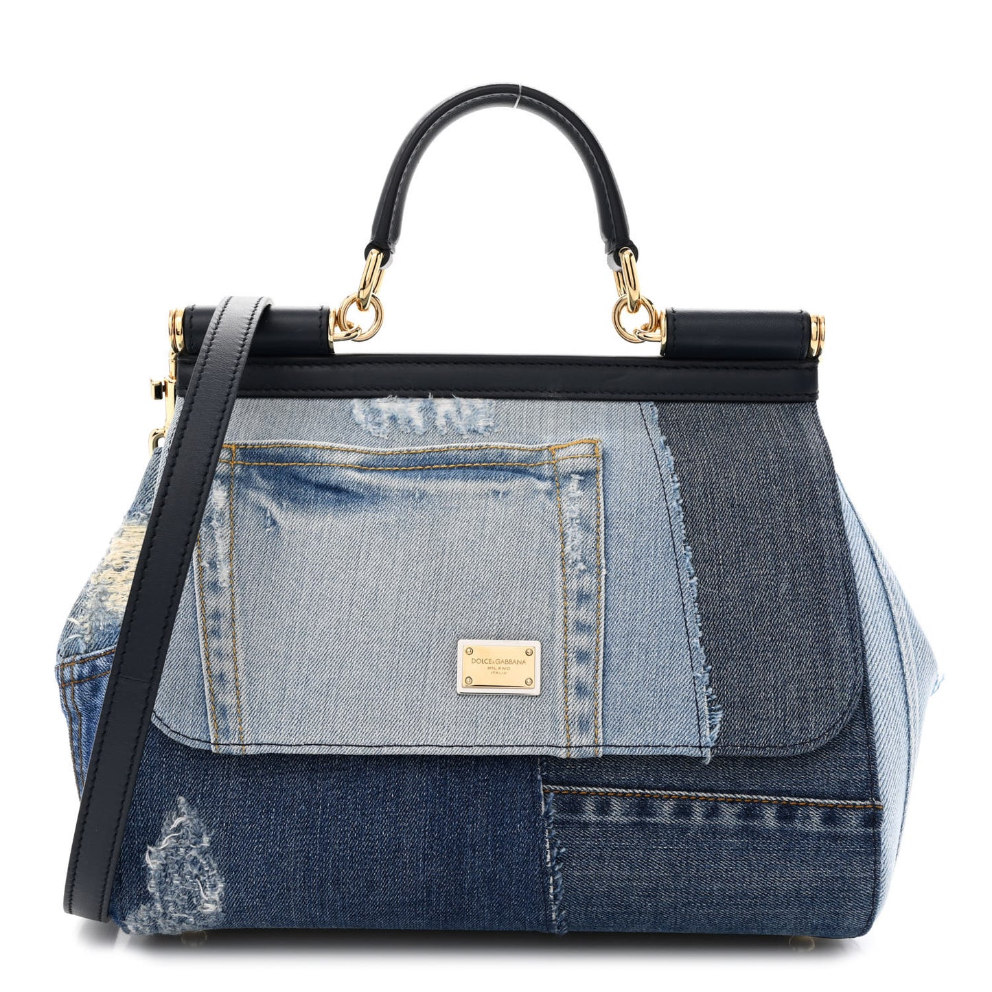 Calfskin Denim Patchwork Medium Miss Sicily Satchel Blue