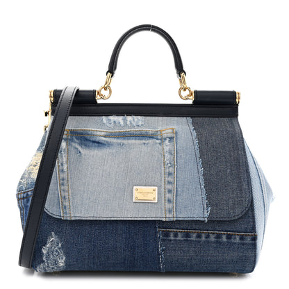 Dolce & Gabbana Calfskin Denim Patchwork Medium Miss Sicily Satchel Blue 1 of 11