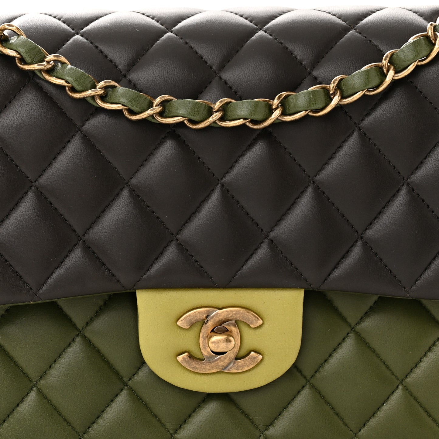 Lambskin Quilted Tri-Color Medium Double Flap Green Brown