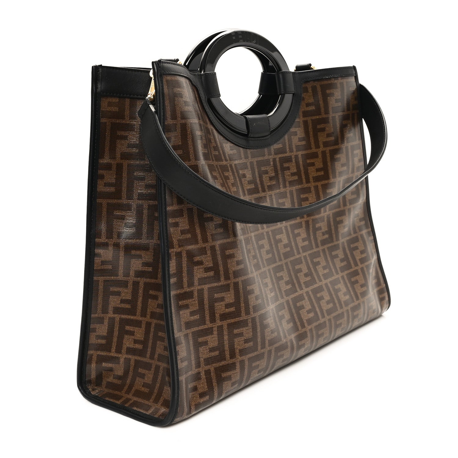 Fendi Glazed Fabric Vitello Century Plexiglass FF 1974 Stamp Patch Medium Runaway Shopper Tote Mogano Panna Black 3 of 12