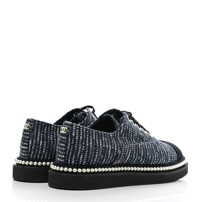 Chanel Denim Grosgrain Camellia Pearl Lace Up Sneakers 37.5 Blue Black 4 of 9