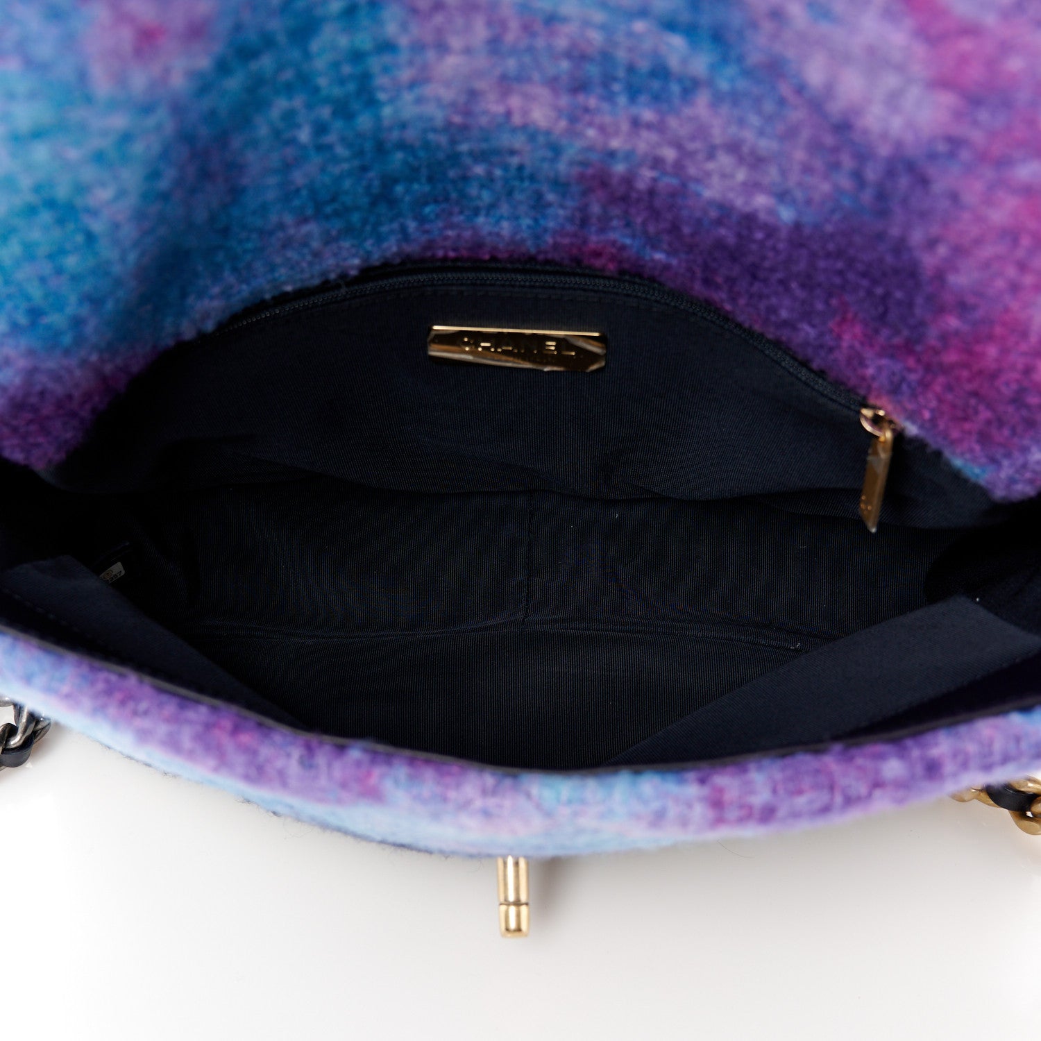 Chanel Wool Tweed Quilted Large Chanel 19 Flap Purple Black Blue 5 of 10