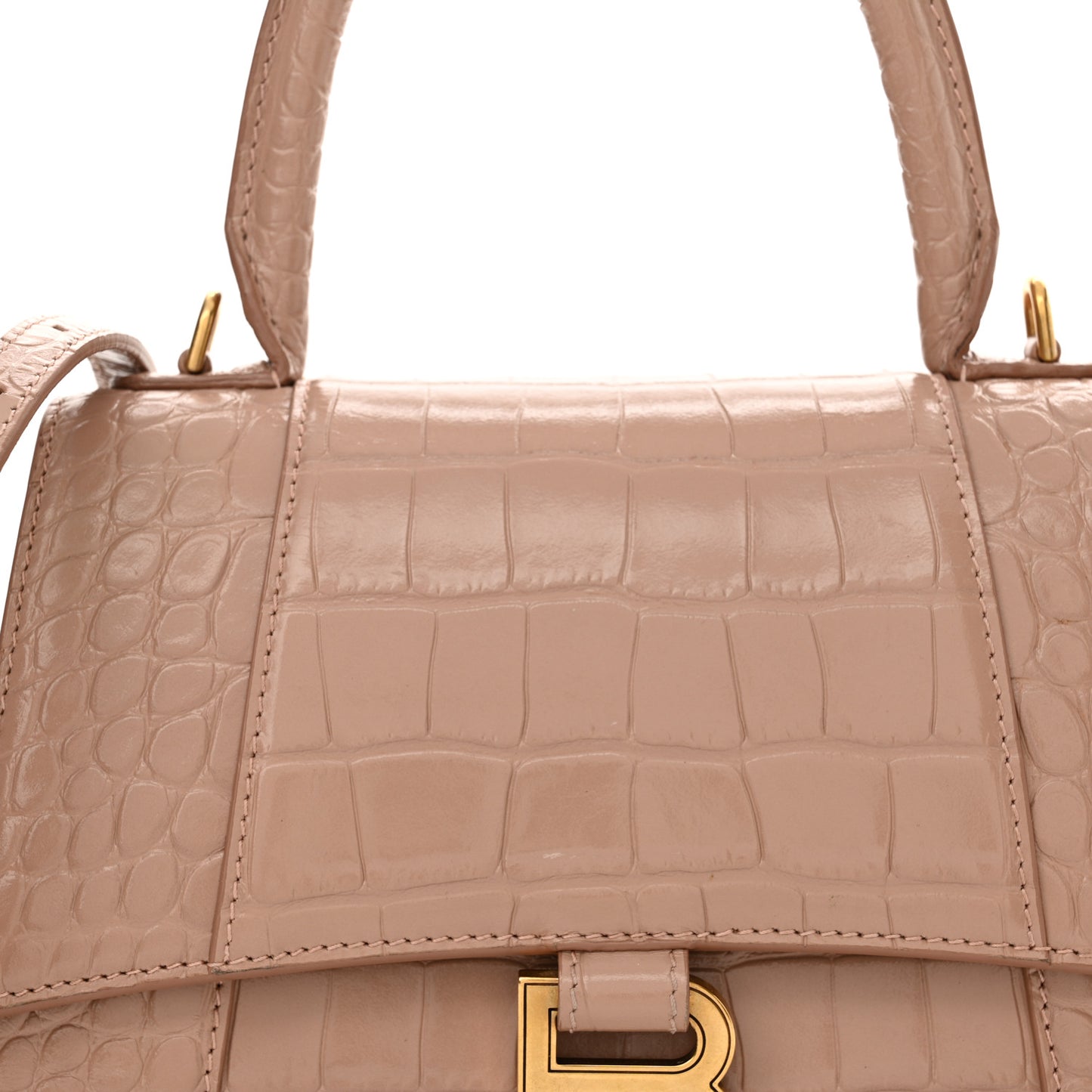 Shiny Calfskin Crocodile Embossed Small Hourglass Top Handle Bag Nude Beige