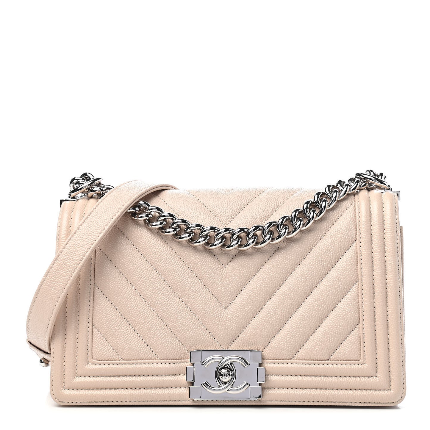 Caviar Chevron Quilted Medium Boy Flap Light Beige