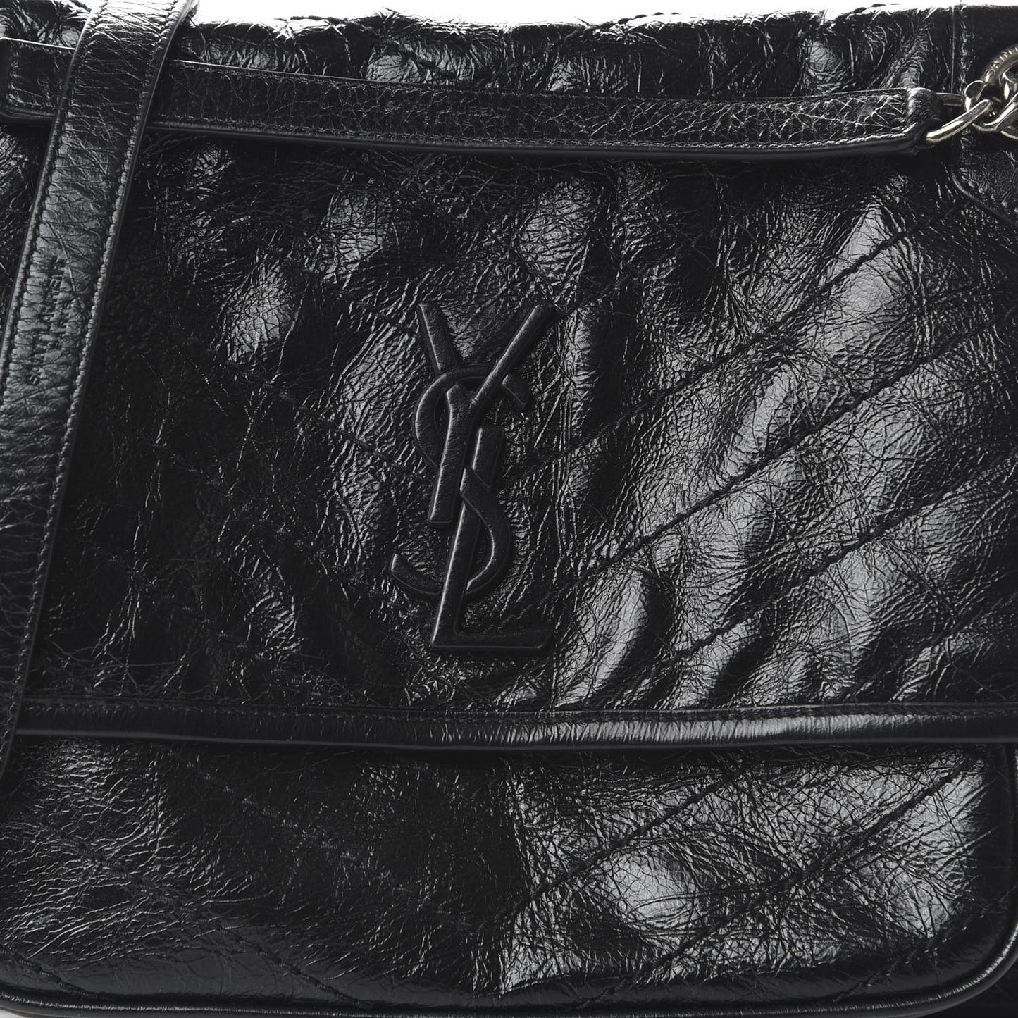 Crinkled Calfskin Matelasse Monogram Medium Niki Chain Satchel Black