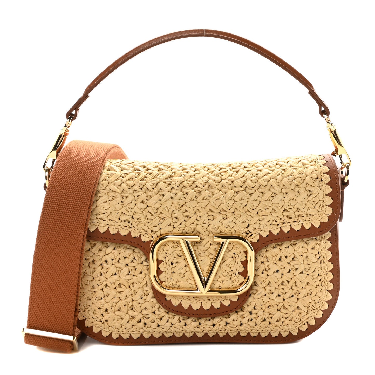 Raffia Calfskin Vlogo Alltime Shoulder Bag Natural Saddle Brown