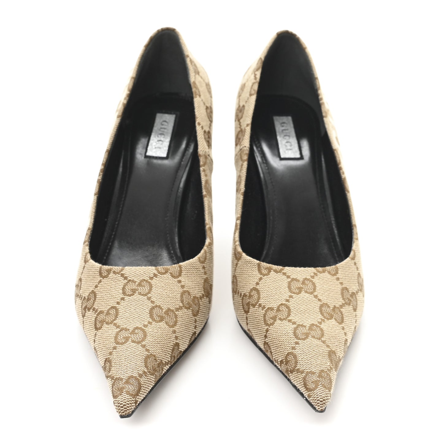 X GUCCI GG Monogram Square Knife 80mm Pumps 36.5 Beige Ebony