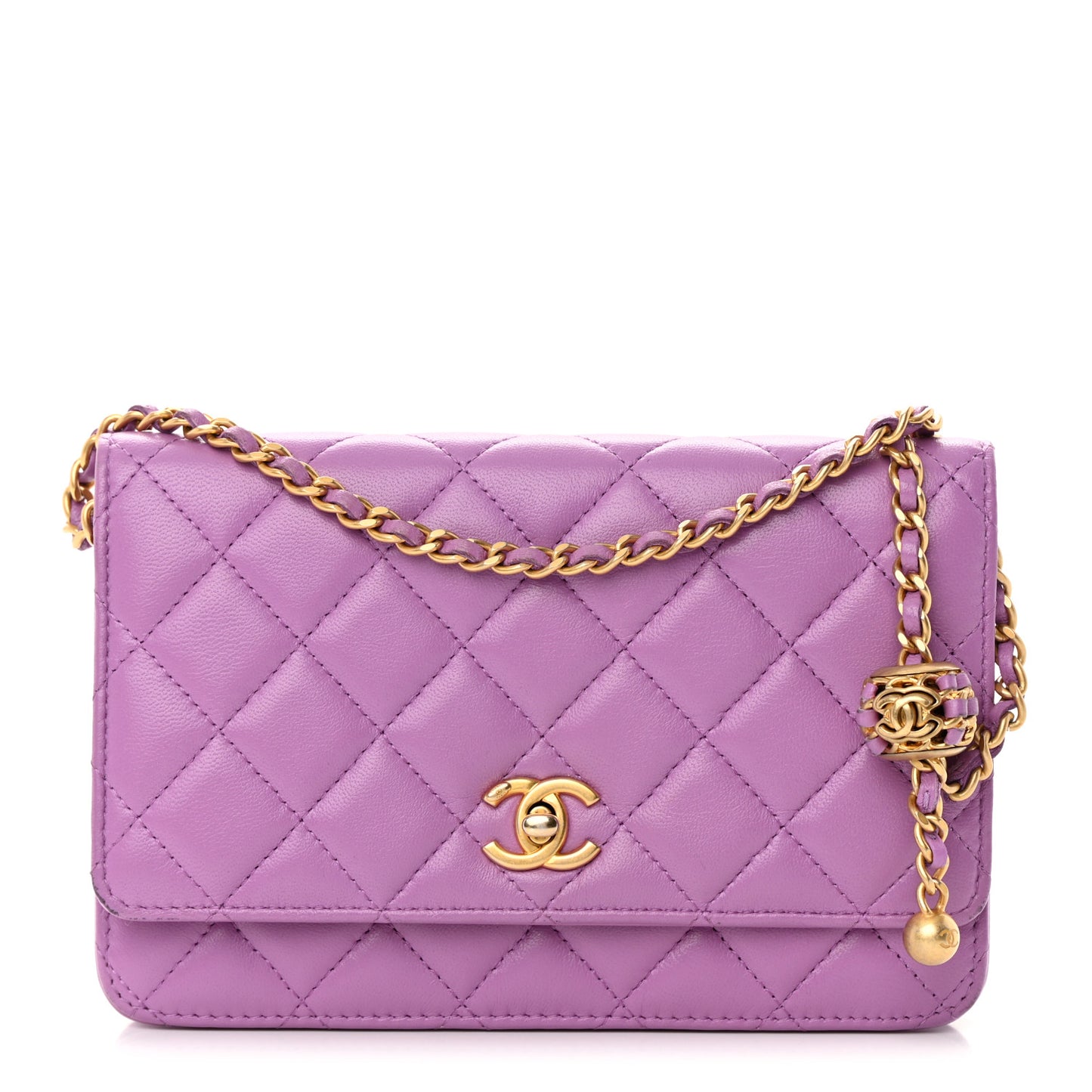 Lambskin Quilted CC Pearl Crush Wallet on Chain WOC Purple