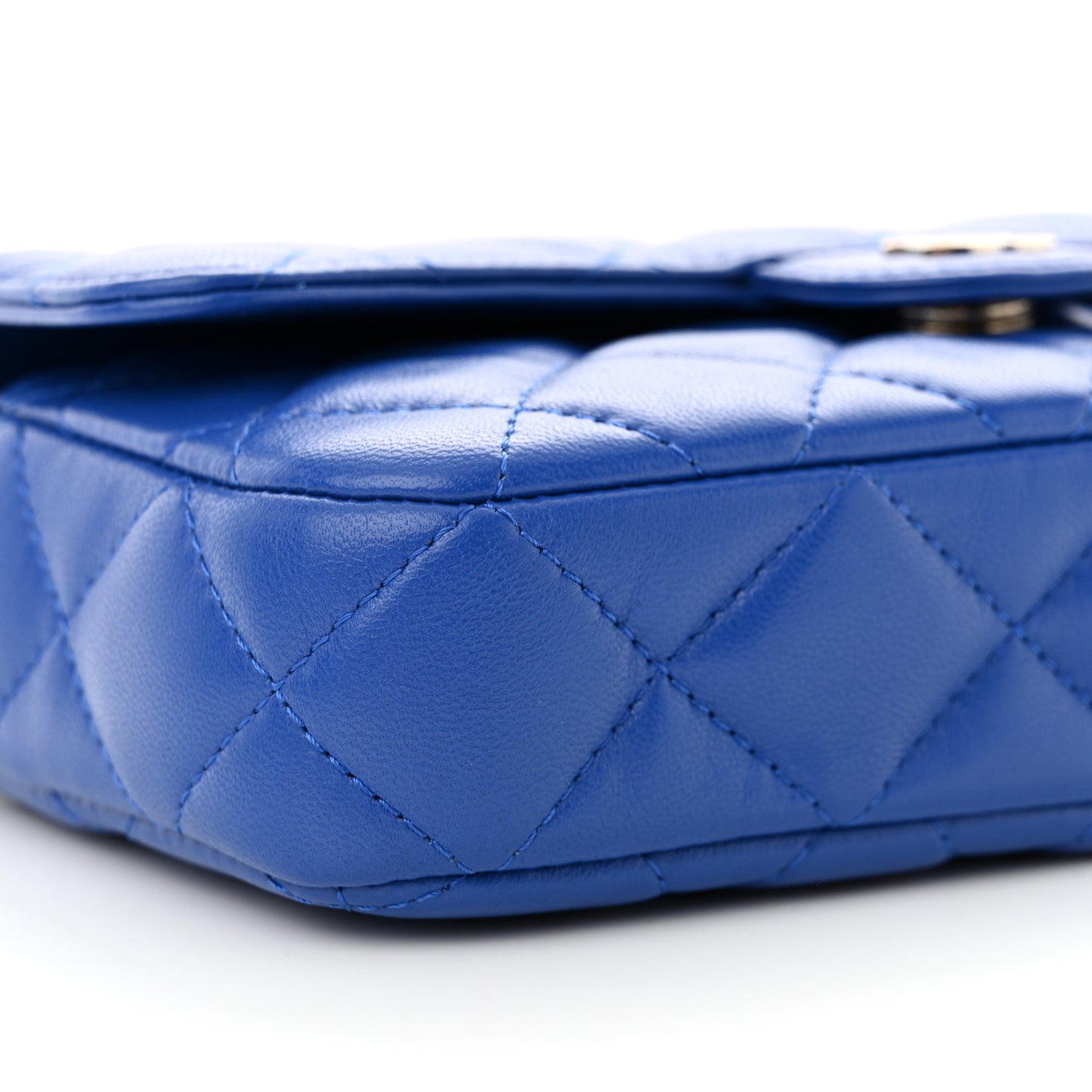 Lambskin Quilted Flap Phone Holder With Chain Blue