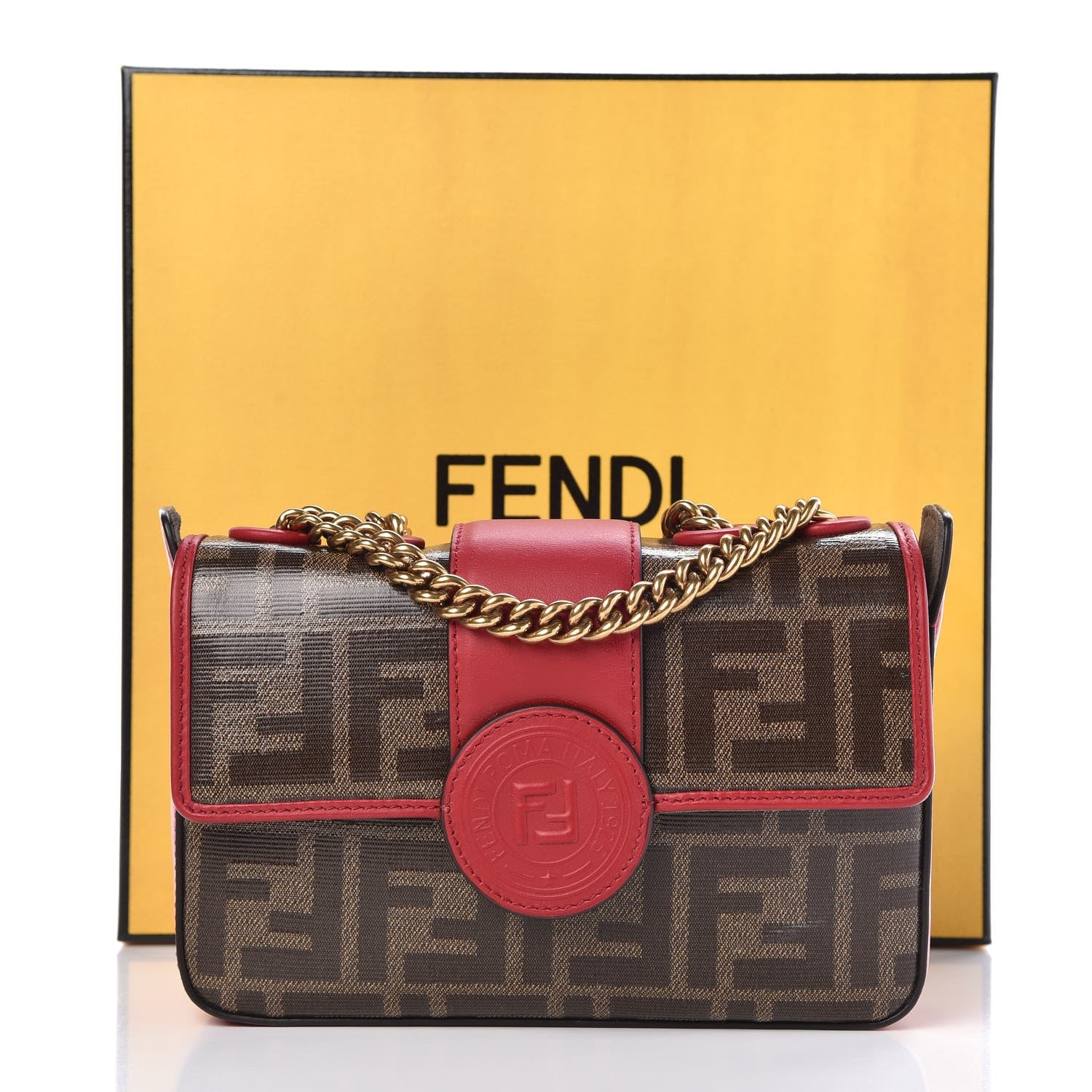 Fendi Glazed Fabric Vitello Century FF 1974 Stamp Patch Mini Double F Crossbody Bag Mogano Panna Fragola 9 of 9