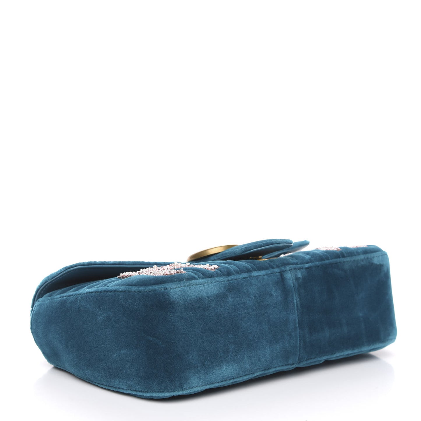 Velvet Matelasse Embroidered Small GG Marmont Shoulder Bag Pavone Cyan