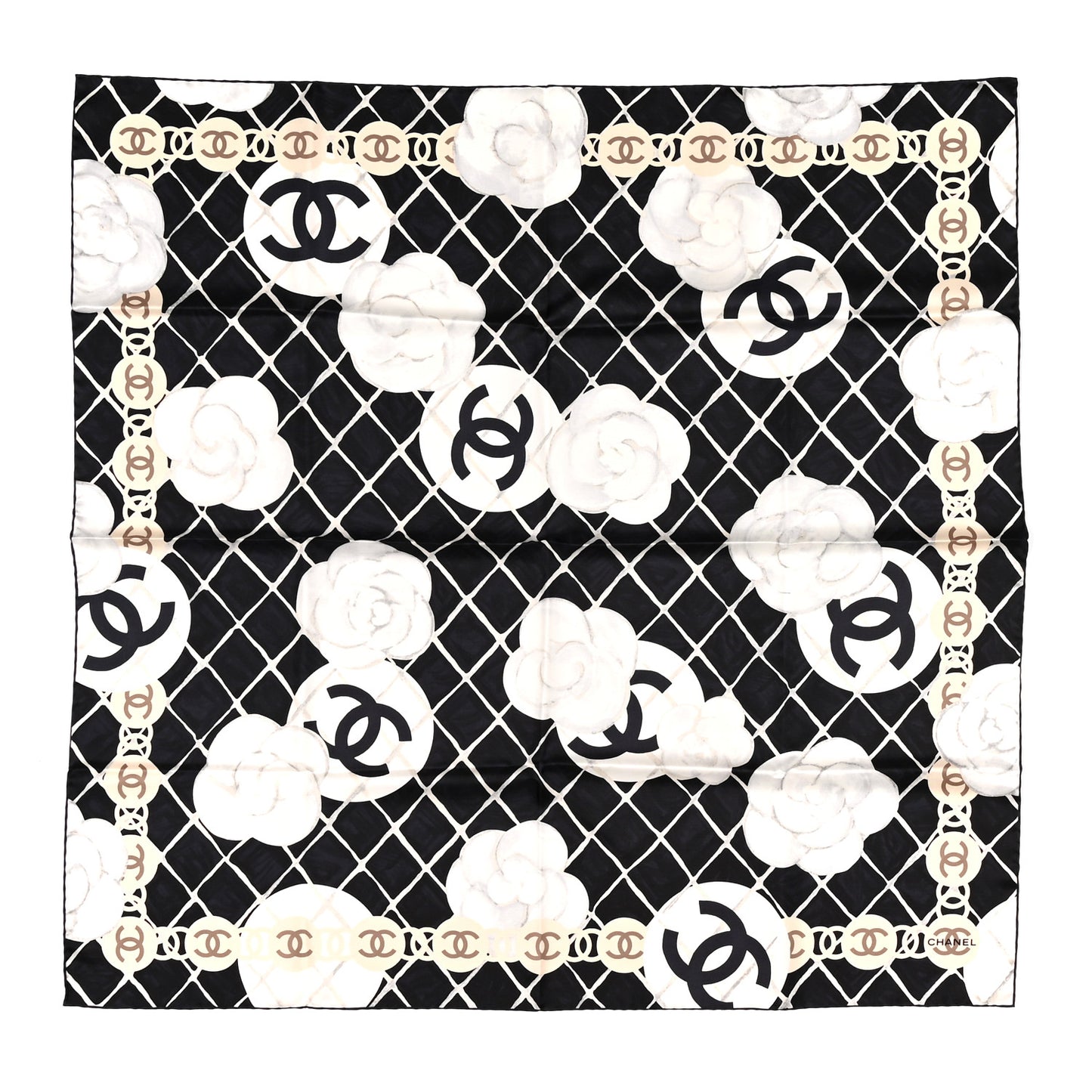 Silk CC Logo Camellia Scarf White Black
