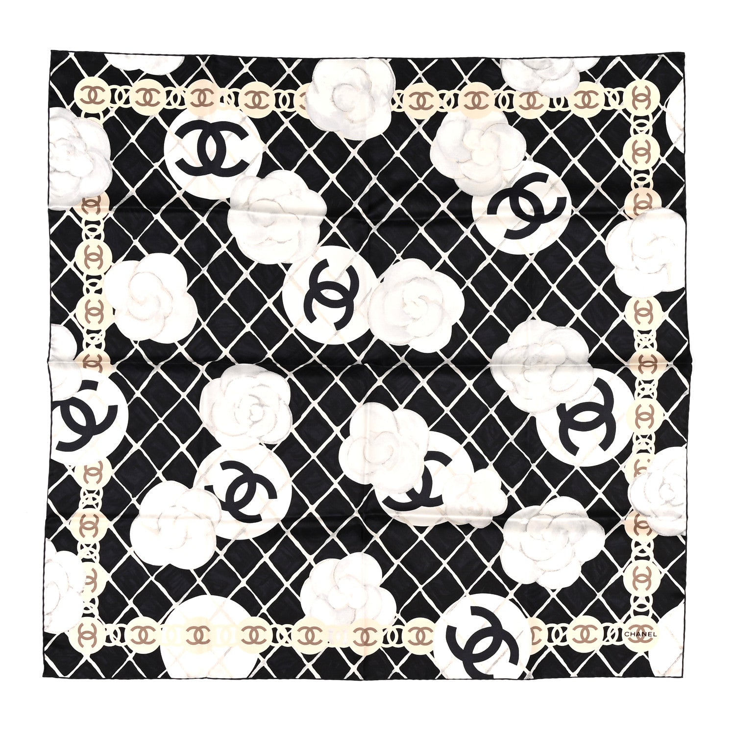 Chanel Silk CC Logo Camellia Scarf White Black 1 of 3