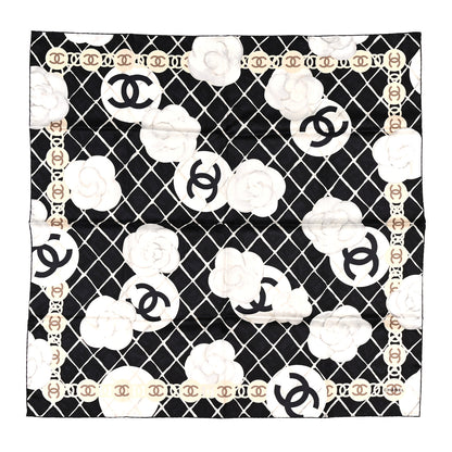 Chanel Silk CC Logo Camellia Scarf White Black 1 of 3