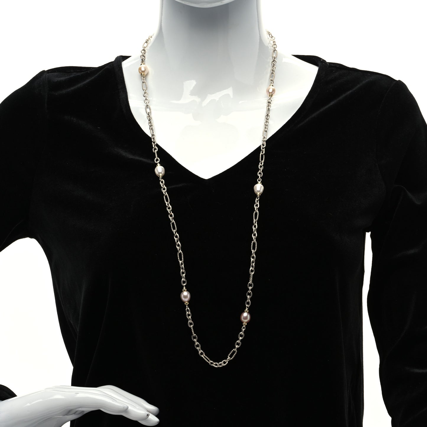 Sterling Silver 18K Yellow Gold Baroque Pearl Long Figaro Chain Necklace