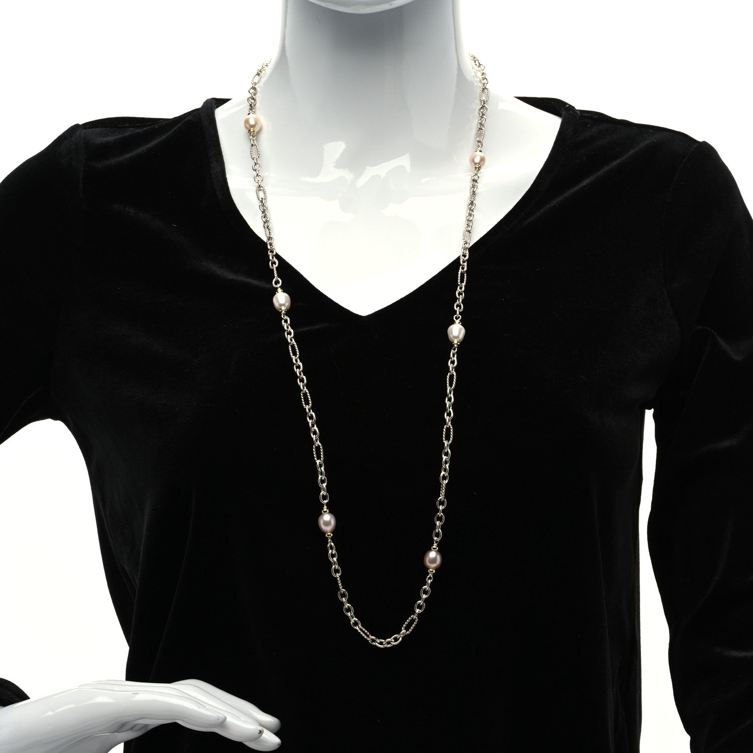 David Yurman Sterling Silver 18K Yellow Gold Baroque Pearl Long Figaro Chain Necklace 2 of 5