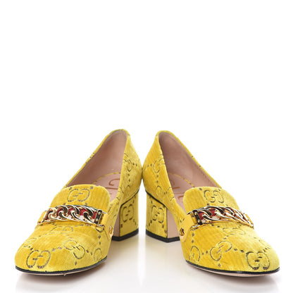 Gucci Velvet GG Monogram Sylvie Web Chain Mid Heel Loafers 37.5 Sunny Beige 5 of 11