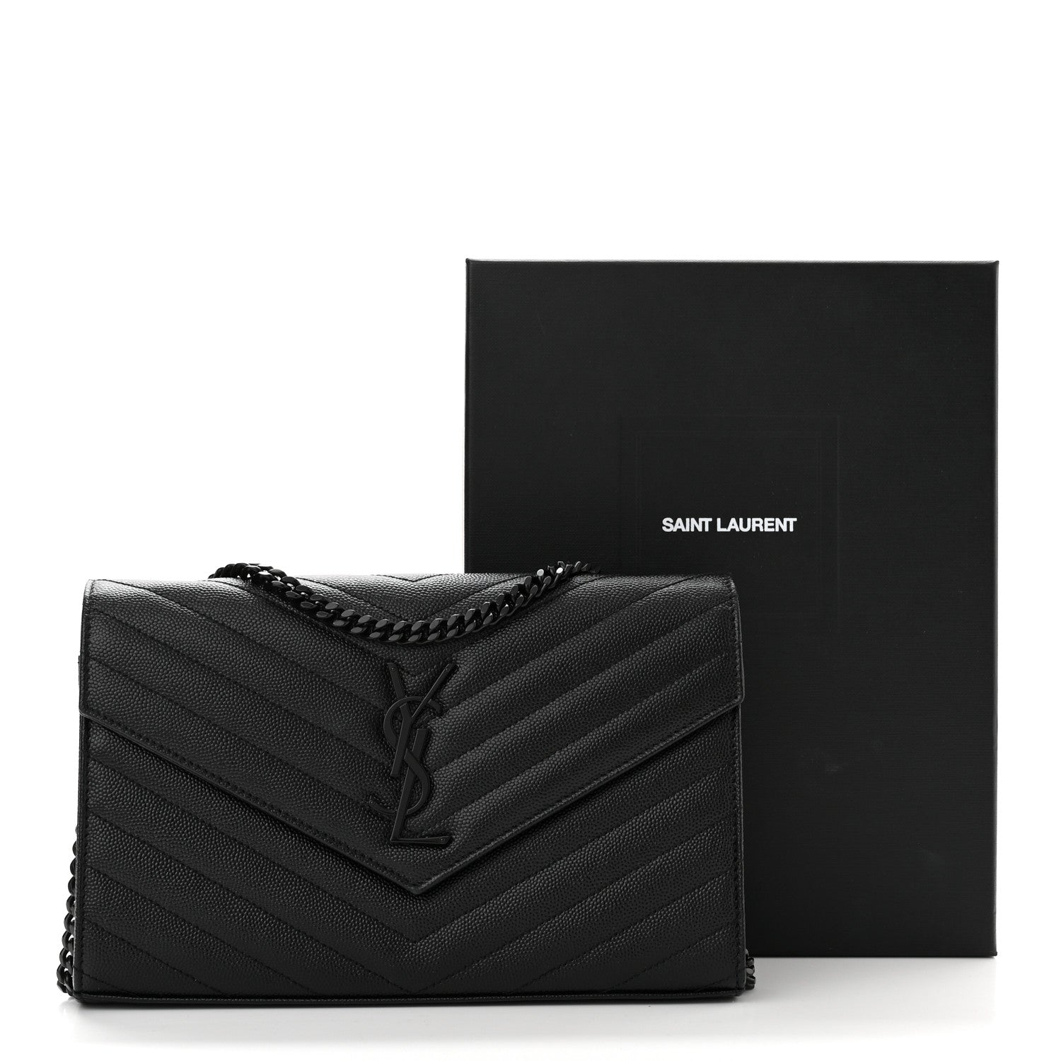 Saint Laurent Grain De Poudre Matelasse Chevron Monogram Monochrome Chain Wallet Black 11 of 11