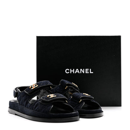 Chanel Velvet Velcro Dad Sandals 37.5 Navy Blue 9 of 9