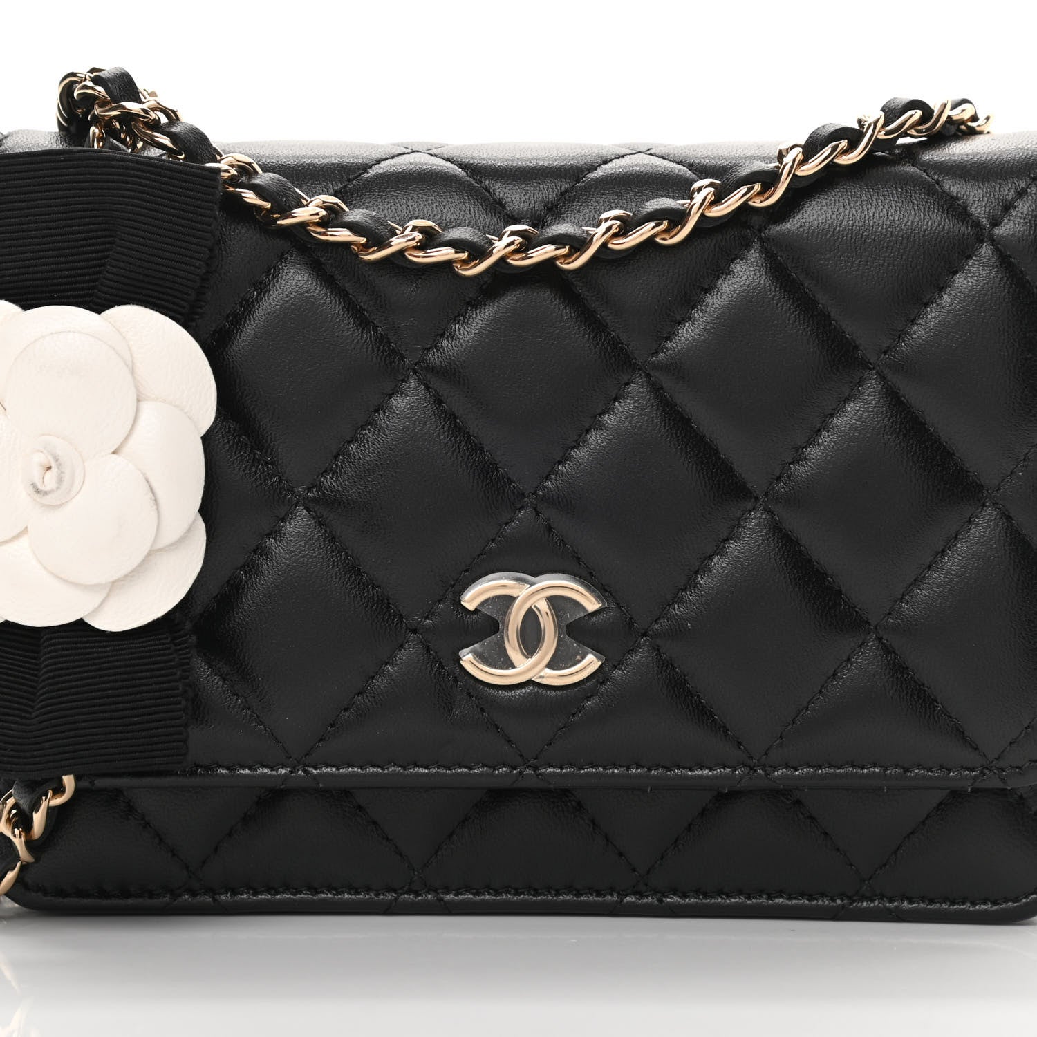Chanel Lambskin Quilted Mini Camellia Bow Wallet On Chain WOC Black 8 of 14