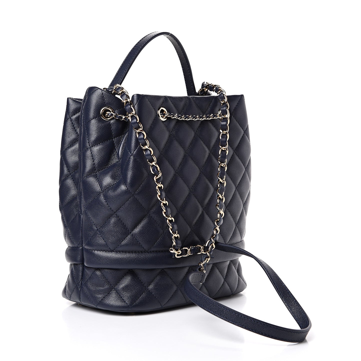 Caviar Quilted Rolled Up Bucket Drawstring Bag Navy