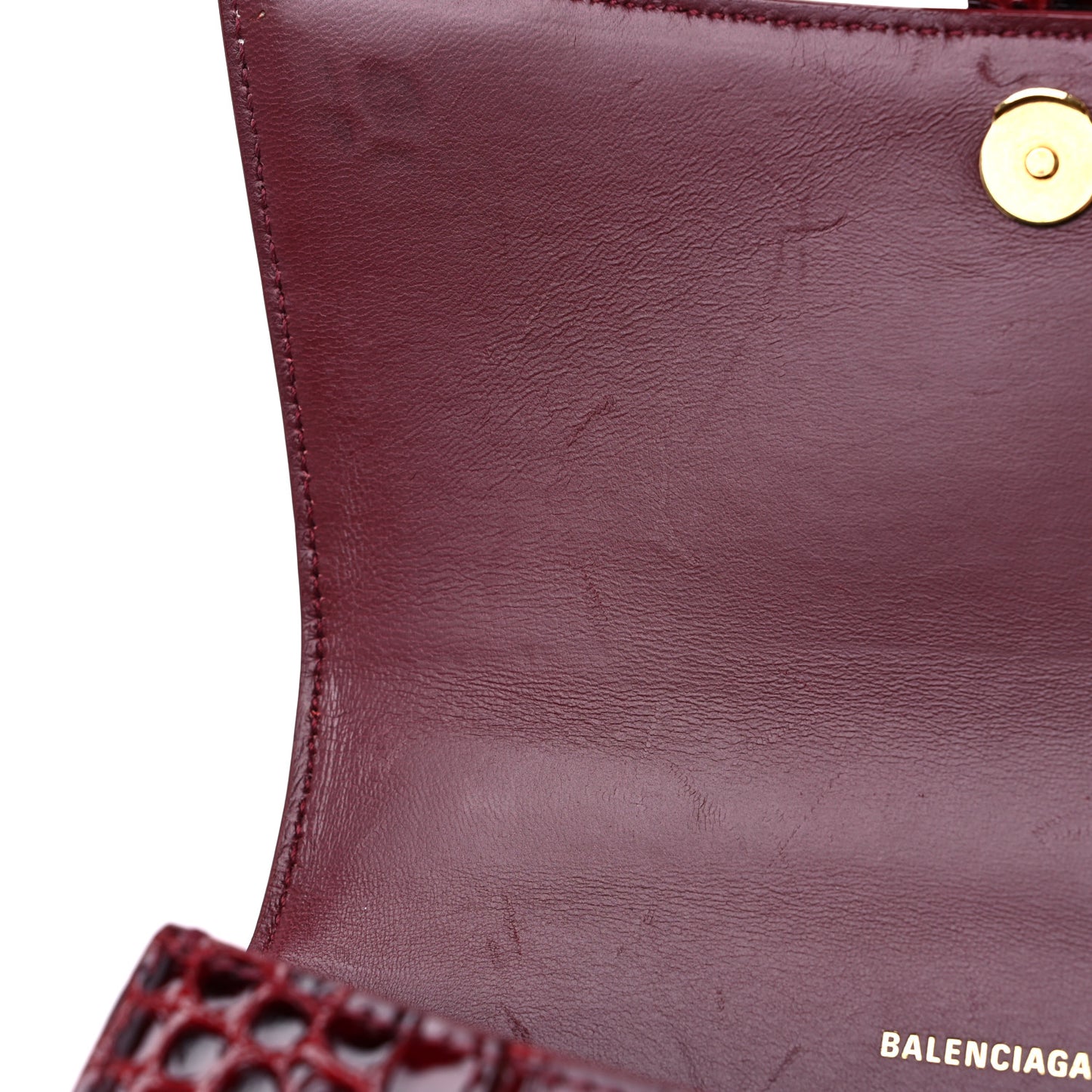 Shiny Calfskin Crocodile Embossed Small Hourglass Top Handle Bag Dark Red
