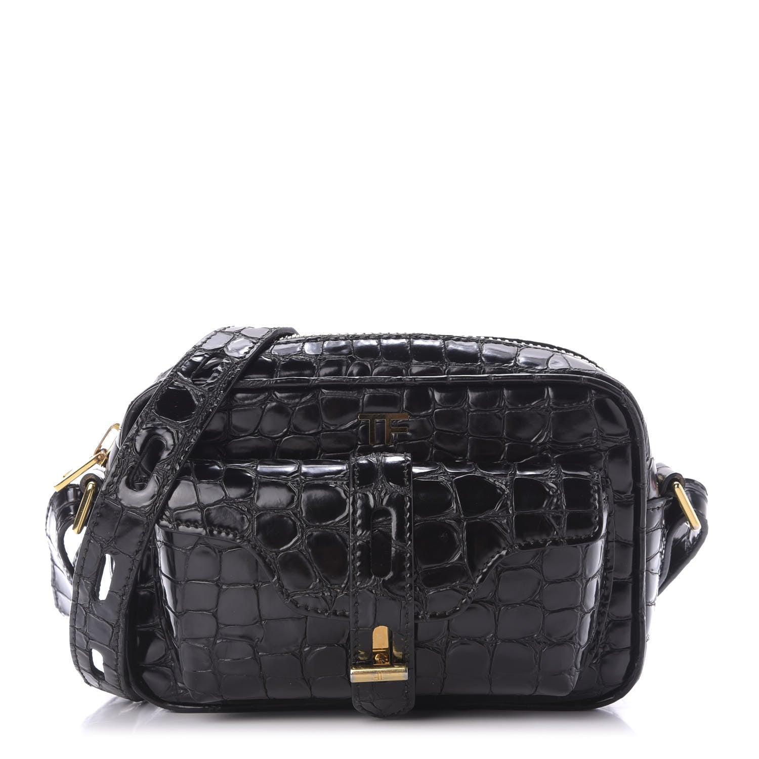 Tom Ford Crocodile Embossed Calfskin T Twist Camera Bag Black 1 of 8
