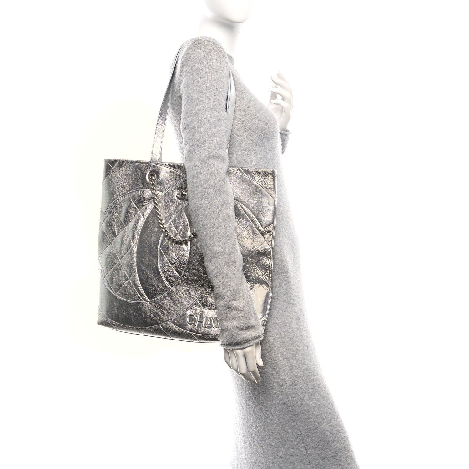 Chanel Metallic Calfskin Stitched CC Shopper Tote Silvery 2 of 10