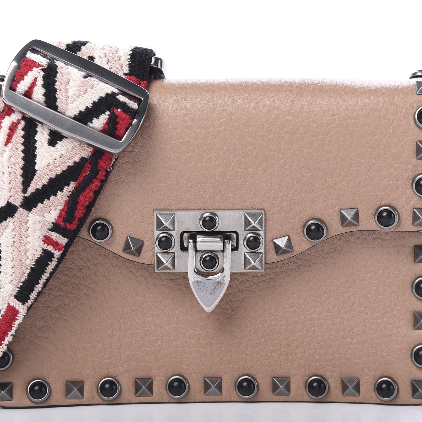 Grained Calfskin Onyx Small Guitar Strap Rockstud Rolling Shoulder Flap Bag Soft Noisette