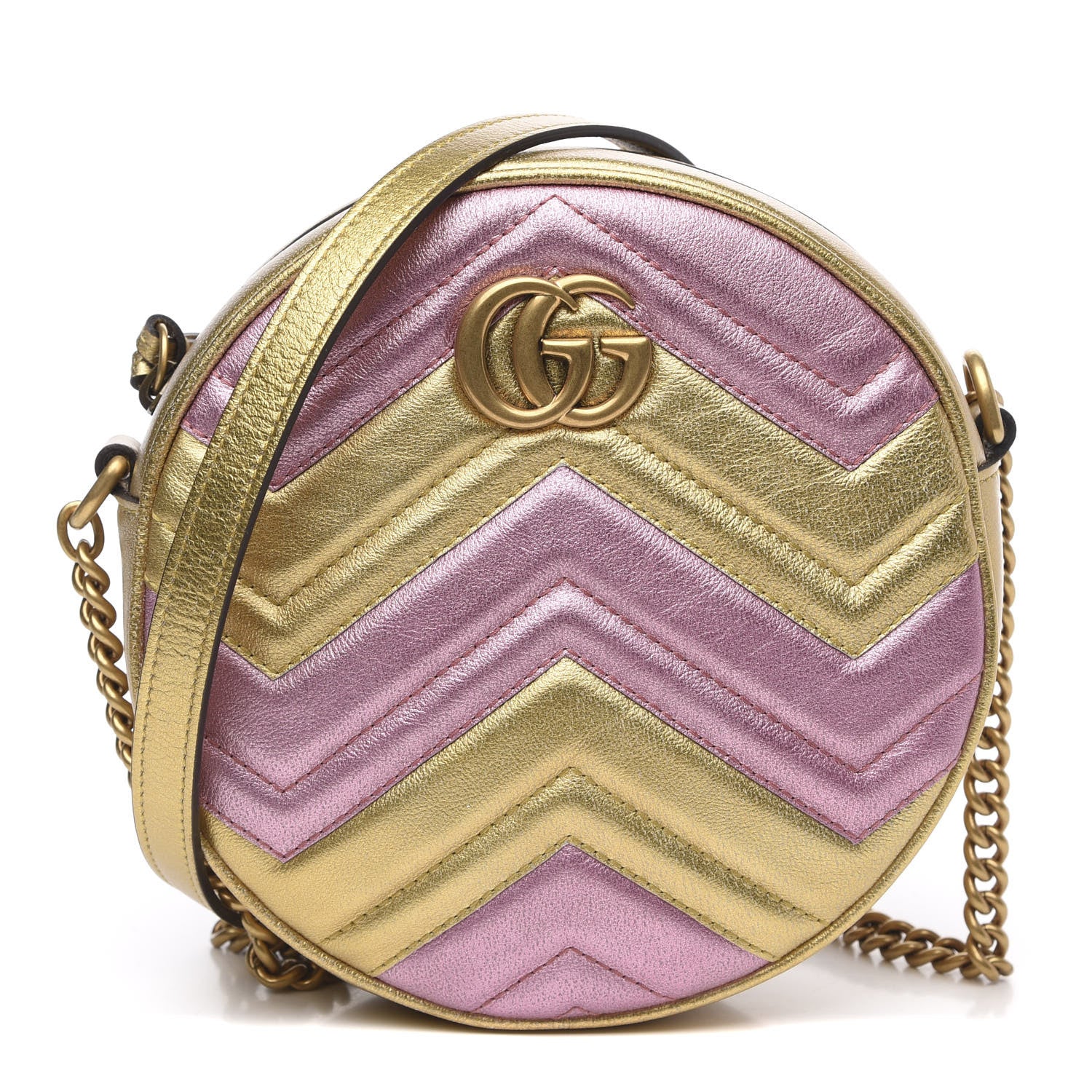 Gucci Metallic Nappa Matelasse Heart Mini GG Marmont Round Shoulder Bag Oro Vecchio Rosa 1 of 10