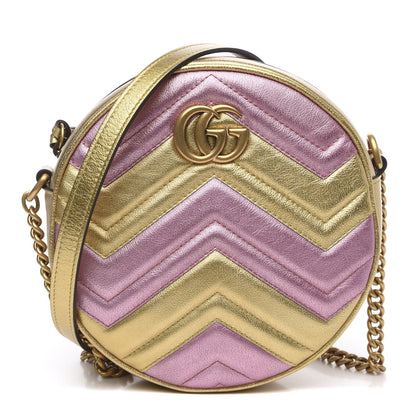 Gucci Metallic Nappa Matelasse Heart Mini GG Marmont Round Shoulder Bag Oro Vecchio Rosa 1 of 10