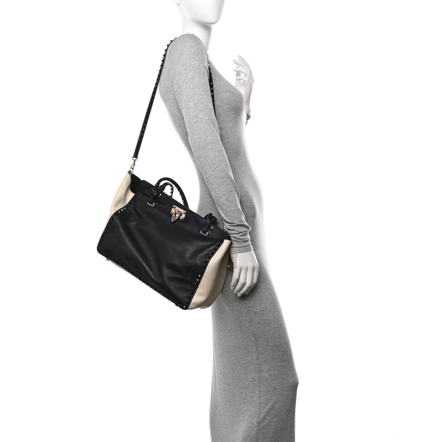 Vitello Monochrome Medium Rockstud Tote Black Light Ivory