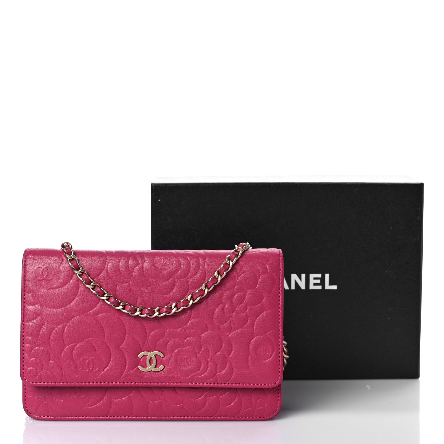 Chanel Lambskin Camellia Embossed Wallet On Chain WOC Fuchsia 11 of 11