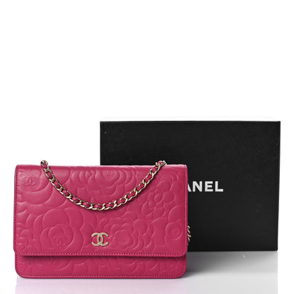 Chanel Lambskin Camellia Embossed Wallet On Chain WOC Fuchsia 11 of 11