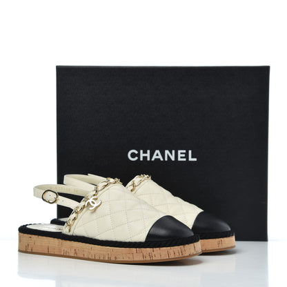 Chanel Lambskin Calfskin Cap Toe Chain Mules Sandals 38 Ivory Black 25 of 25