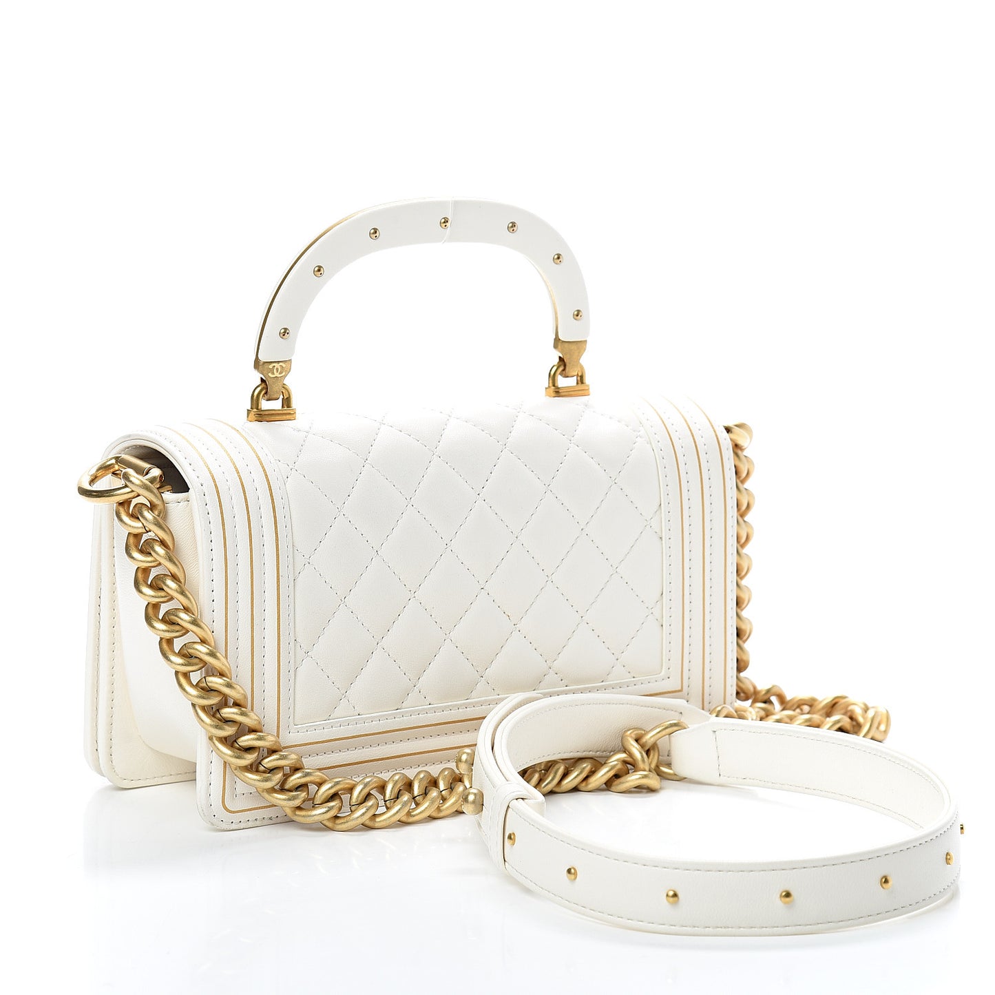 Lambskin Quilted Small Boy Studded Handle Flap White