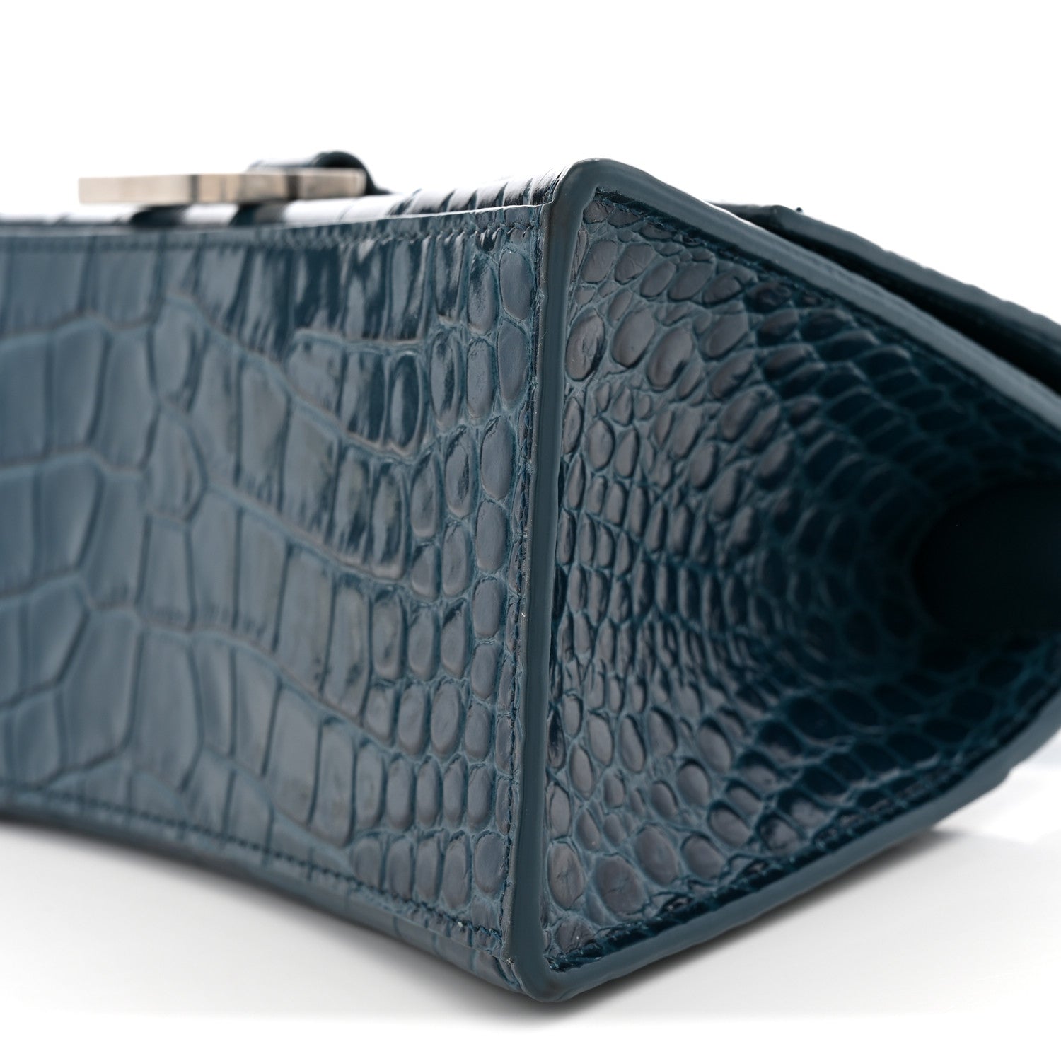 Balenciaga Shiny Calfskin Crocodile Embossed Small Hourglass Top Handle Bag Dark Petrol Blue 9 of 10