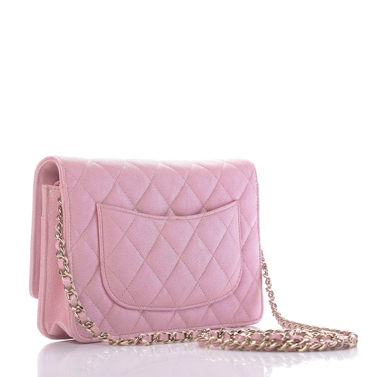 Iridescent Caviar Quilted Wallet on Chain WOC Rose Pink