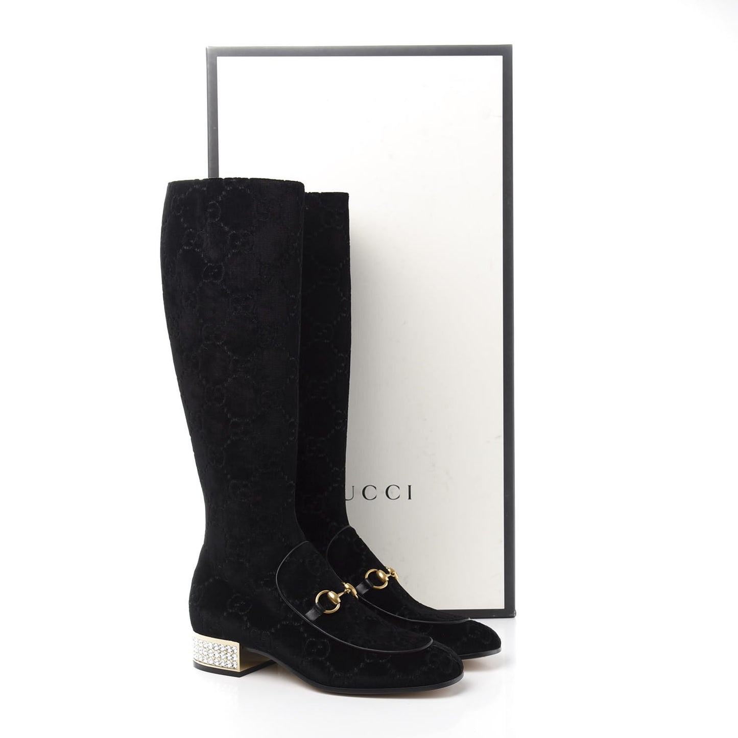 Velvet GG Monogram Crystal Horsebit Knee High Boots 38.5 Black