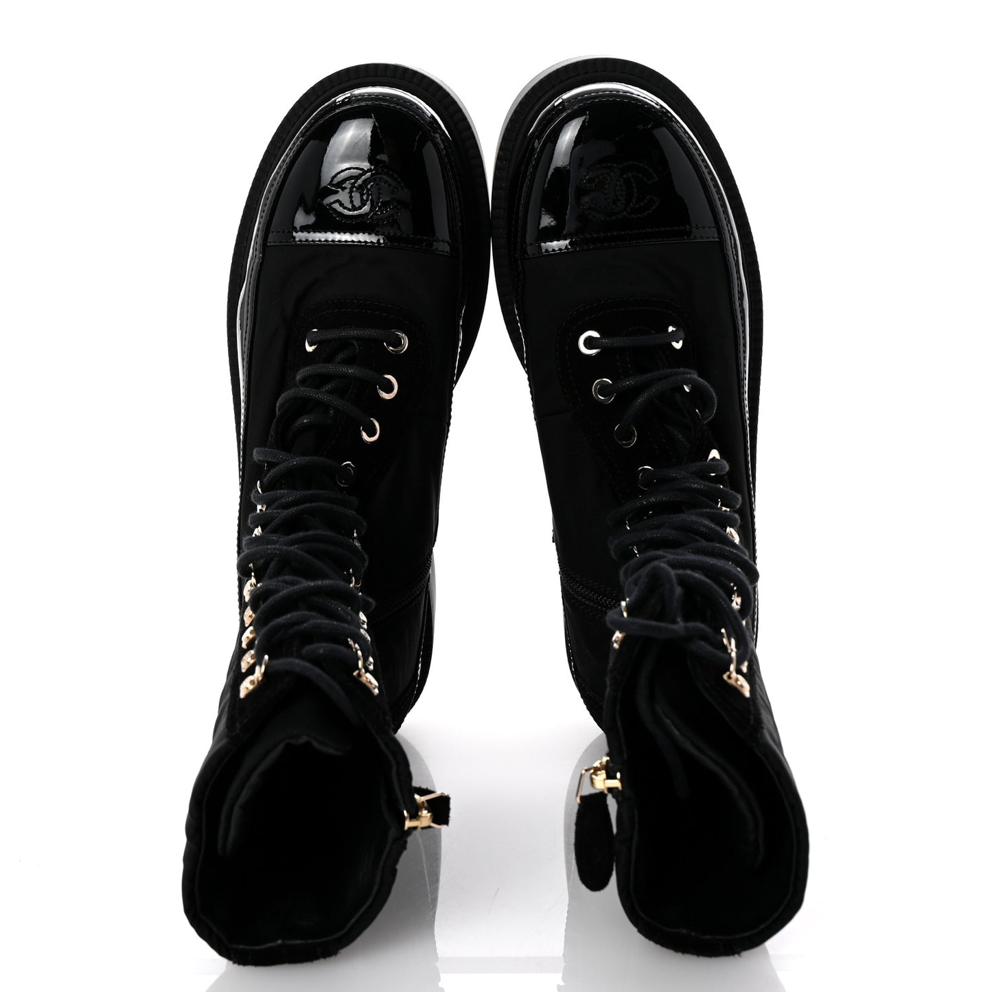 Nylon Suede Patent Calfskin Womens CC Lace Up Boots 38.5 Black