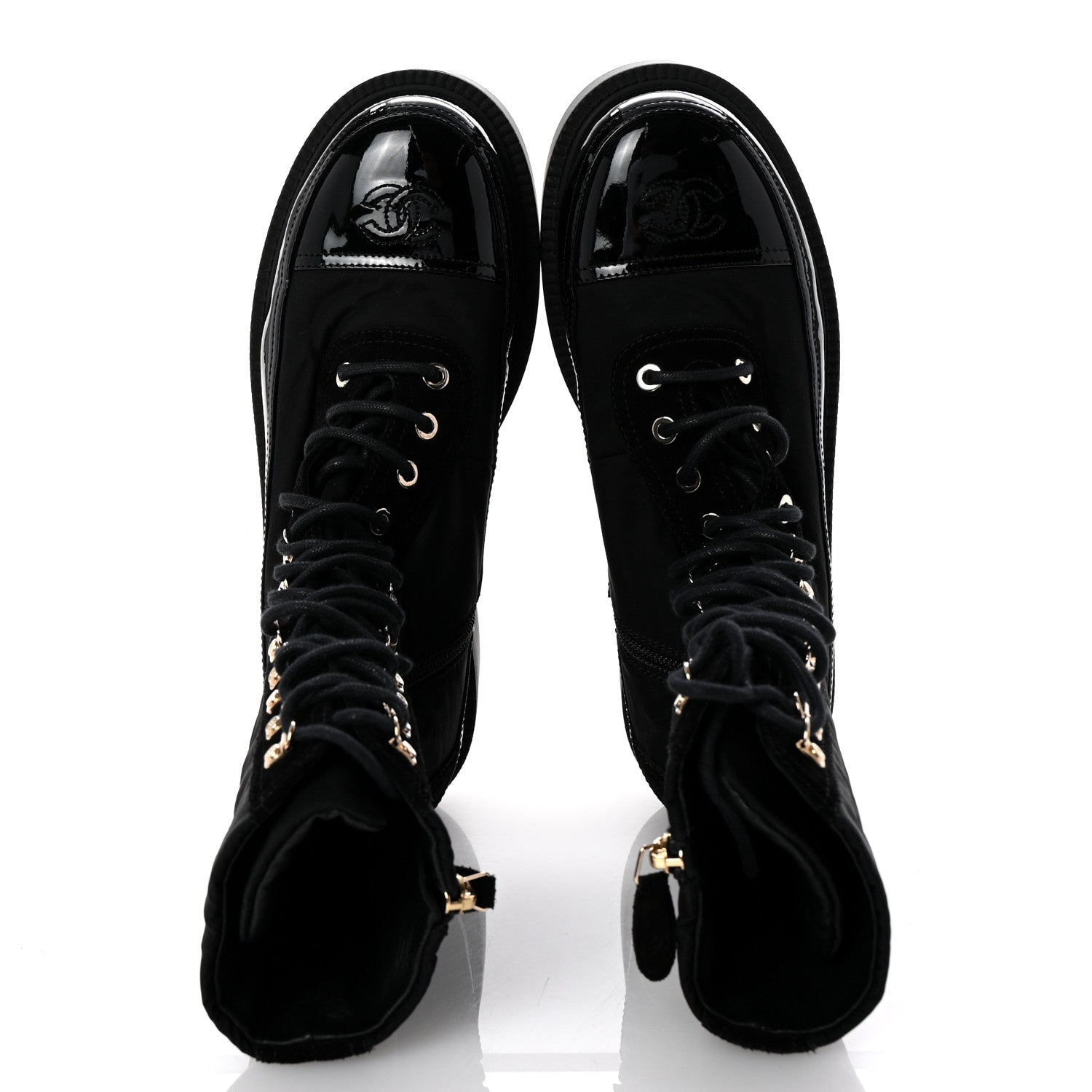 Chanel Nylon Suede Patent Calfskin Womens CC Lace Up Boots 38.5 Black 2 of 10