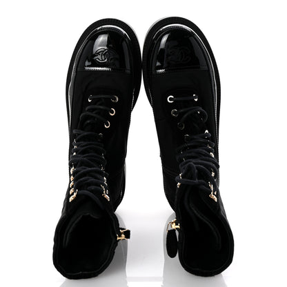 Chanel Nylon Suede Patent Calfskin Womens CC Lace Up Boots 38.5 Black 2 of 10