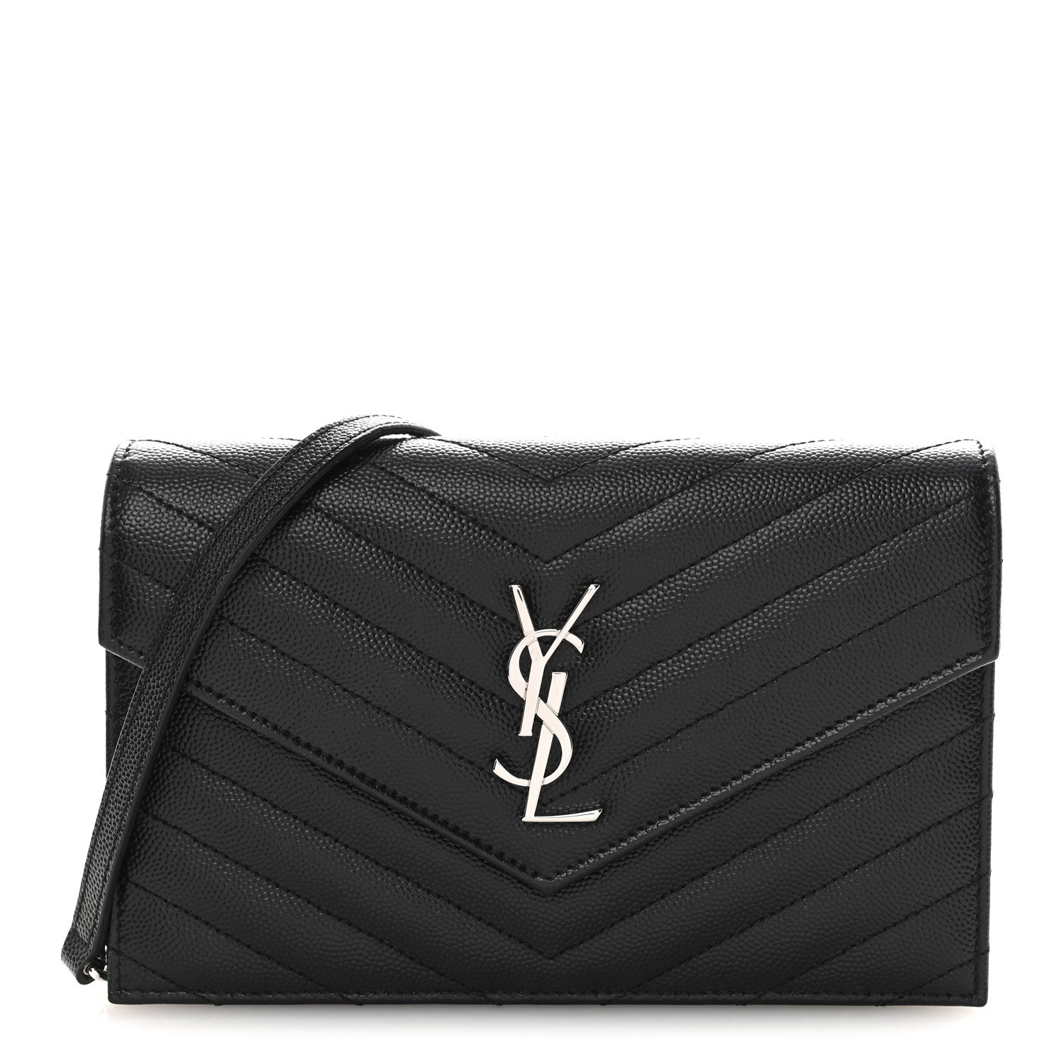 Saint Laurent Grain De Poudre Matelasse Chevron Monogram Envelope Chain Wallet Black 1 of 10