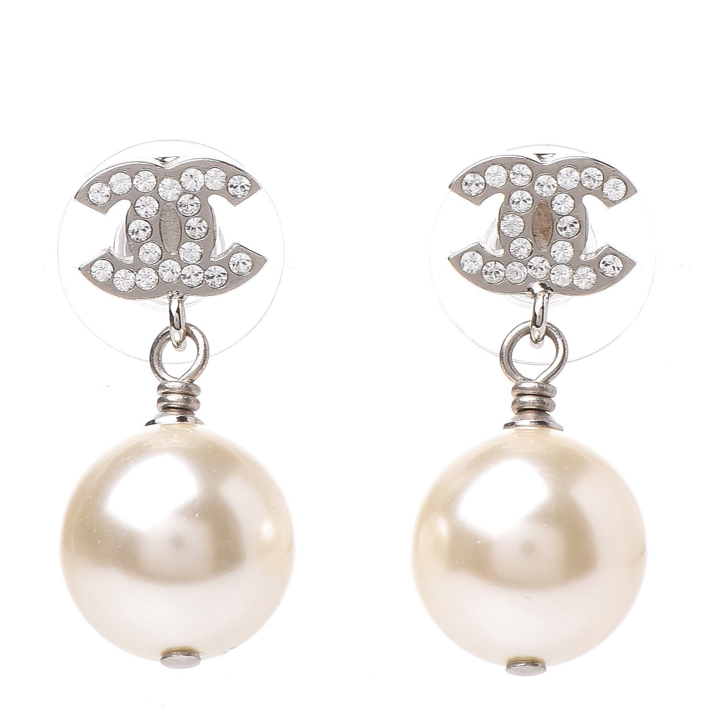 Crystal Pearl CC Drop Earrings Silver Pearly White