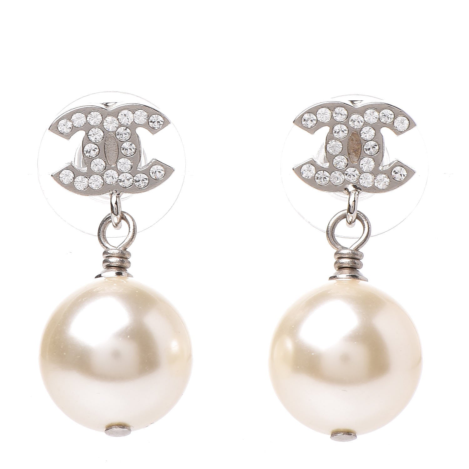 Chanel Crystal Pearl CC Drop Earrings Silver Pearly White 1 of 4