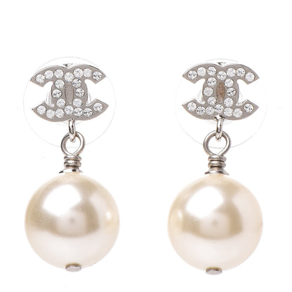 Chanel Crystal Pearl CC Drop Earrings Silver Pearly White 1 of 4