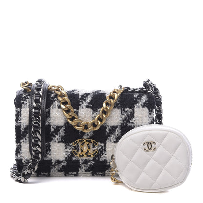 Chanel Wool Tweed Lambskin Quilted 19 Wallet On Chain WOC and Coin Purse Black White 1 of 10