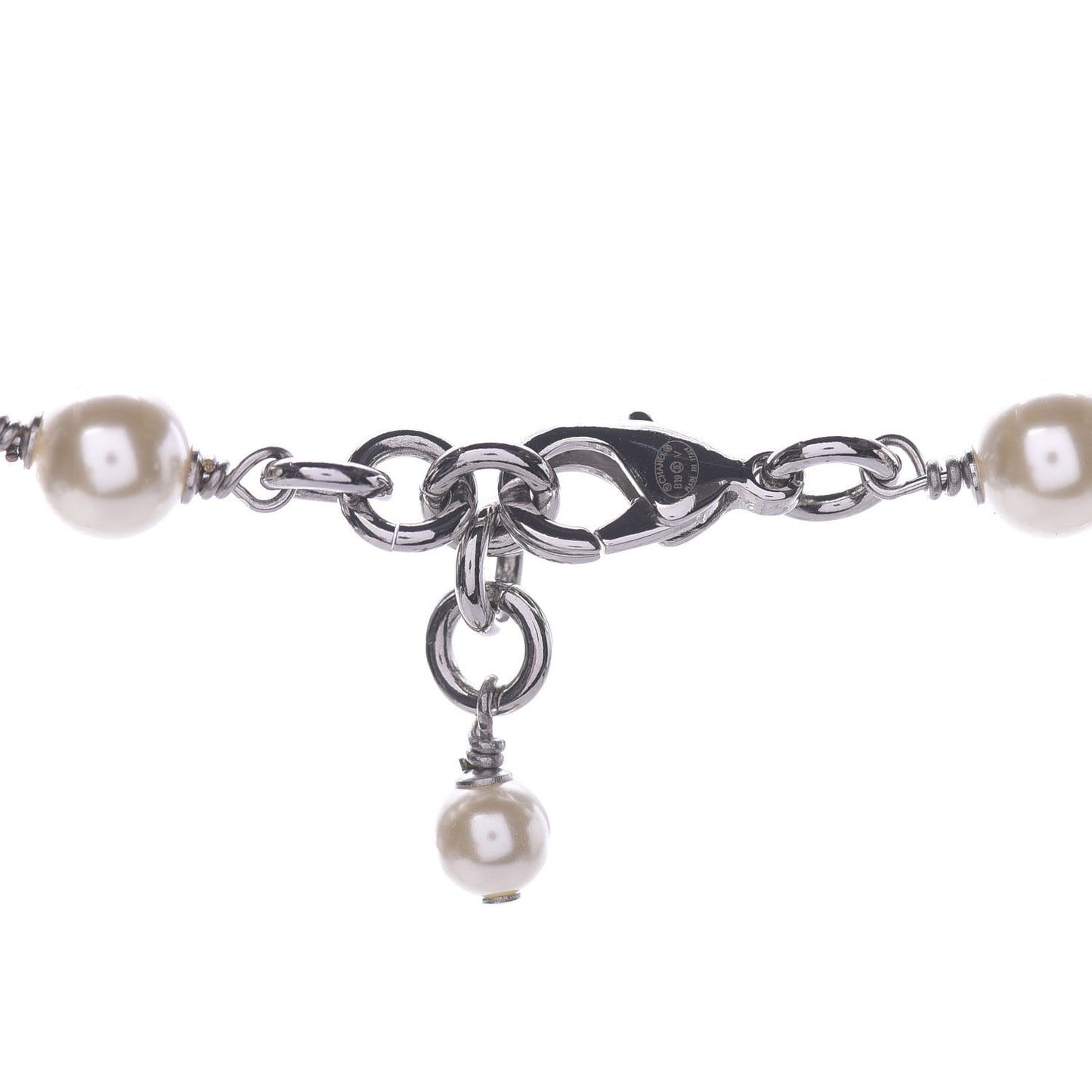 Graduated Pearl Crystal CC Long Necklace Silver