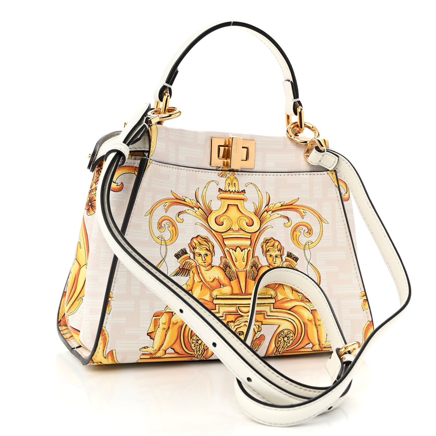 Fendi X VERSACE Vitello Seta Nappa Fendace FF Baroque Mini Peekaboo Iconic Satchel White Ice Gold 3 of 9
